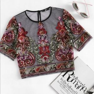 Women top NWT Casual Short Sleeve Mesh Embroidery Shirt Ladies Loose See-Through